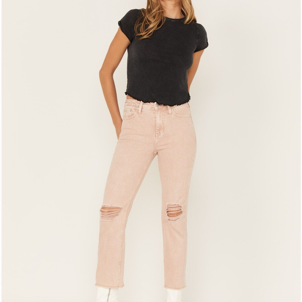 Cleo + Wolf‎ High Rise Straight Distressed Raw Hem Rose Pink Crop Denim Jeans